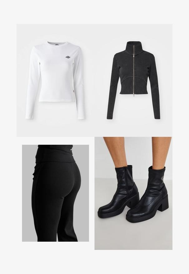 Lühendatud must denimpusa kõrge kraega, täispikkuse tõmblukuga ja pikkade varrukatega. Omab kõverat õmbluse disaini ja peent tekstuuri.; Valge pikkade varrukatega särk, mis on valmistatud ribakangast. Rinnal on väike must logo. Sobiva disainiga ja ümmarguse kaelusega.; Mustad ribatöötlusega retuusid, millel on kõrge vöökoht, keha lähedane lõige ja sile tekstuur. Vöökoht sisaldab peent riistvara detaili.; Mustad mustad nahast jalatsis dõst üheste plokkniski, külje lukuga, sileda tekstuuri ja kitseneva varbaga disainiga.