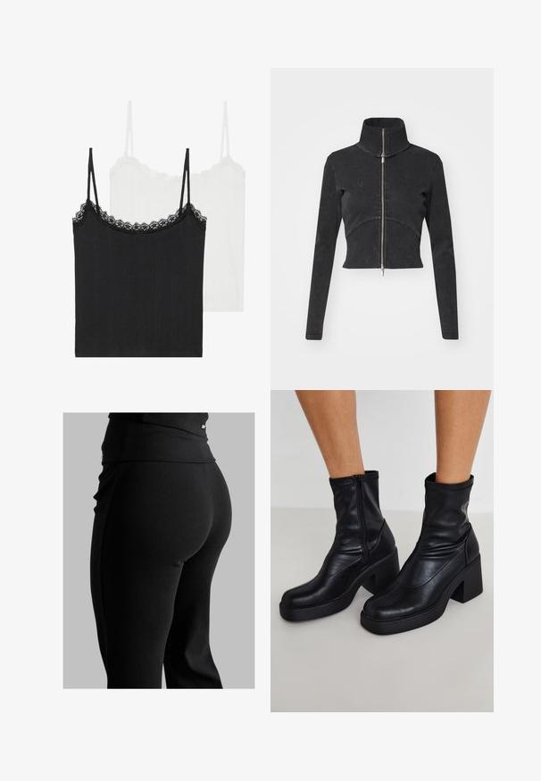 Geknipte zwarte denimjasje met hoge kraag, volledige rits en lange mouwen. Bevat een gebogen naadontwerp en subtiele textuur.; Twee hemdjes in zwart en wit. Beide hebben kant aan de halslijn en dunne verstelbare bandjes, met een geribbeld, gestructureerd stof.; Zwarte geribde leggings met een hoge tailleband, een strak gevormde pasvorm en een gladde textuur. Bevat subtiele hardwaredetails op de tailleband.; Zwarte leren enkellaarsjes met een hoge blokhak, voorzien van een zijrits, een zachte textuur en een taps toelopende tekening.