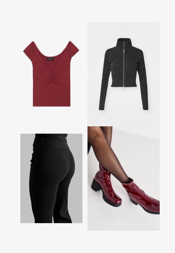 Kappet svart denimjakke med høy krage, hel glidelås og lange ermer. Har buet sømdesign og subtil tekstur.; Mauve tettsnitt med korte ermer, rund halsing, sammensnøring i midten og bølget kant langs halsing og ermer.; Svarte ribbede leggings med høy midje, tilpasset fasong og glatt tekstur. Inkluderer diskret hardware-detalj på midjebåndet.; Røde lakkankelstøvler med en kraftig svart hel og glidelåsdetalj. Glatt tekstur, strømlinjeformet design med rund tå.