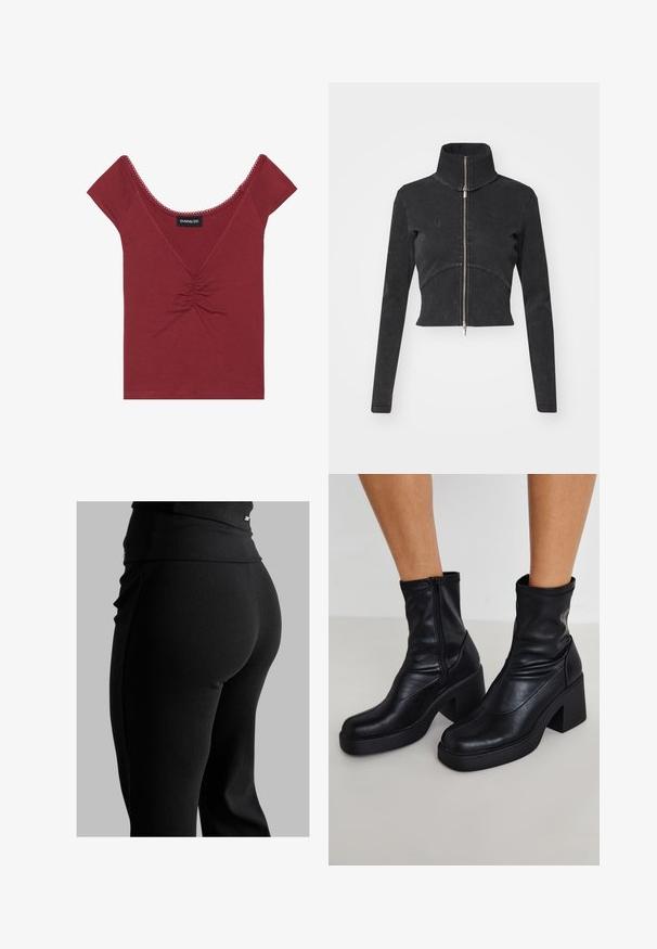 Veste en denim noir coupée avec un col haut, une fermeture éclair complète et des manches longues. Présente un design à couture courbée et une texture subtile.; Haut ajusté mauve à manches courtes, décolleté en forme deU, détail froncé au centre et finitions festonnées le long du décolleté et des manches.; Leggings noirs côtelés avec une taille haute, une coupe moulante et une texture lisse. Comprend un détail matériel subtil sur la taille.; Bottines noires en cuir avec un haut talon carré, dotées d'une fermeture éclair sur le côté, d'une texture lisse et d'un design de pointe effilée.