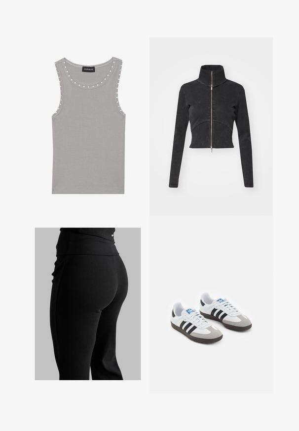 Kappet svart denimjakke med høy krage, hel glidelås og lange ermer. Har buet sømdesign og subtil tekstur.; Grå ermeløs topp laget av ribbestrikket stoff, med en rund halslinning og hvite prikkete detaljer langs kantene. Ren hem-finish.; Svarte ribbede leggings med høy midje, tilpasset fasong og glatt tekstur. Inkluderer diskret hardware-detalj på midjebåndet.; Sportssko med en hvit skinnoverdel, grå semsket tå og tre svarte striper. Har en blå logo på tungen og en teksturert gummisåle.