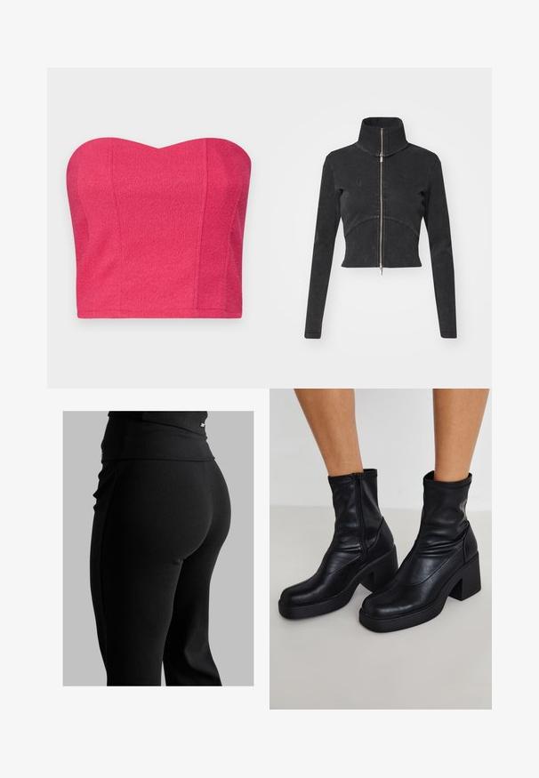 Pasukta juoda džinsinė striukė su aukšta apykakle, visišku užtrauktuku ir ilgomis rankovėmis. Pasižymi kreivų siūlių dizainu ir subtiliu tekstūriškumu.; Beigalių viršus be petnešėlių, ryškiai rožinės spalvos, tekstūruoto audinio, su širdelės formos iškirpte ir prigludusiu siluetu. Nėra matomų užsegimų ar puošmenų.; Juodos su veliūro raštuodžiais antblauzdžiai su aukšta juosmens juostele, prilimpa prie kūno ir turi lygų paviršių. Juosmens juostoje yra subtili detalė.; Juodos odinės kotarinės botinai su aukštu blokuotu kulnu, šonu užtrauktuku, lygiu paviršiumi ir siaurėjantįjį plyšį dizainu.