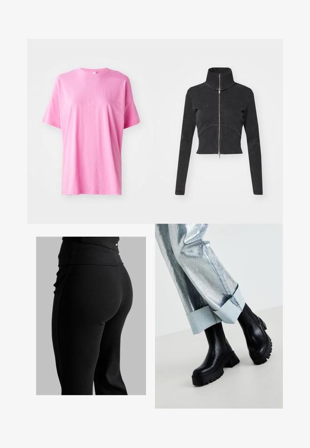 Lühendatud must denimpusa kõrge kraega, täispikkuse tõmblukuga ja pikkade varrukatega. Omab kõverat õmbluse disaini ja peent tekstuuri.; Roosal puuvillane T-särk lühikeste varrukatega, ümar dekoltee ja mugav istuvus. Minimum õmblusi ja sile tekstuur, ilma nähtavate mustriteta.; Mustad ribatöötlusega retuusid, millel on kõrge vöökoht, keha lähedane lõige ja sile tekstuur. Vöökoht sisaldab peent riistvara detaili.; Mustad musta värvi pahkluu saapad, millel on tekstuuriga tallad, kantud hõbedast metallik коттаў pükstega, millel on helesinine äär. Minimalistlik disain, elegantne materjal.