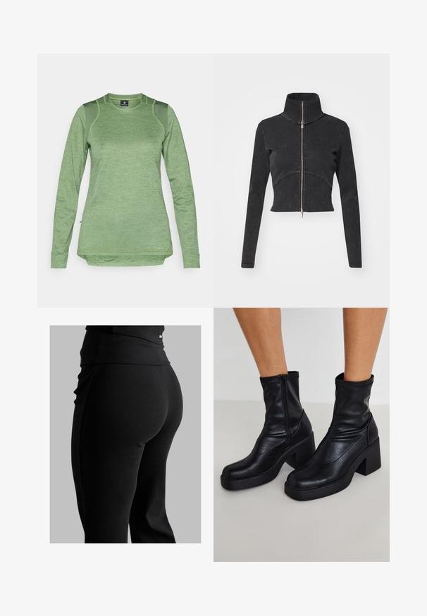 Kappet svart denimjakke med høy krage, hel glidelås og lange ermer. Har buet sømdesign og subtil tekstur.; Langermet atletisk skjorte i lysegrønn, laget av teksturert stoff med mesh-paneler på skuldrene, med en avrundet hem og rund hals.; Svarte ribbede leggings med høy midje, tilpasset fasong og glatt tekstur. Inkluderer diskret hardware-detalj på midjebåndet.; Sorte lær ankle støvler med en høj blokhæl, med en sidelukning, glat tekstur og en spids tådesign.