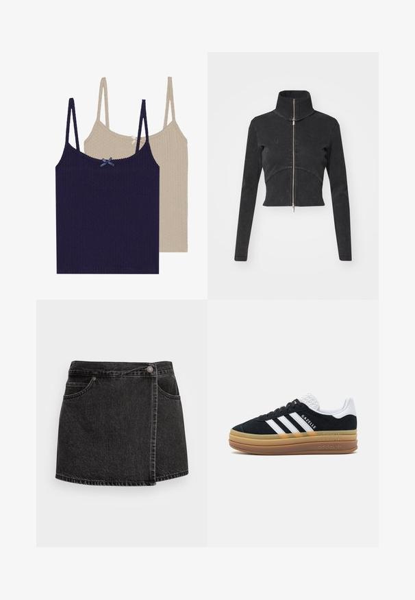 Geknipte zwarte denimjasje met hoge kraag, volledige rits en lange mouwen. Bevat een gebogen naadontwerp en subtiele textuur.; Twee geribbelde cami-toppen, één marineblauw met een blauwe strik en één crème met een zilveren strik, met verstelbare banden en een gestructureerde afwerking.; Zwarte denim mini-rok met een licht rafelige zoom, twee voorzakken en een zilveren knoopsluiting. Heeft een zijdelingse omslagontwerp.; Zwarte suède sneakers met witte accenten en drie stripes, voorzien van een gestructureerde witte hiel, rubberen zool en 'Gazelle' branding.