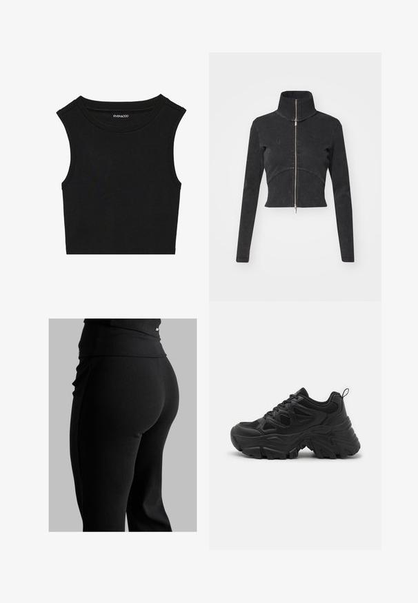 Lyhyeksi leikattu musta farkkutakki, jossa on korkea kaulus, täysipitkä vetoketju ja pitkät hihat. Siinä on kaareva saumakuviointi ja hienovarainen tekstuuri.; Musta ilmanhiha crop-top, jossa on ribbikuvio. Ominaisuuksiin kuuluu pyöreä pääntie ja leveät olkasaumat. Valmistettu venyvistä materiaaleista.; Mustat ribatut legginsit, joissa on korkea vyötärö, vartalonmyötäinen muoto ja sileä pinta. Mukana on huomaamaton varuste yksityiskohtana vyötäröllä.; Mustat urheilukengät, joissa on teksturoitu verkkovarsi, kaareva kumipohja ja voimakas kuviointi. Varusteina integroitu nauhoitus ja vetotappi.