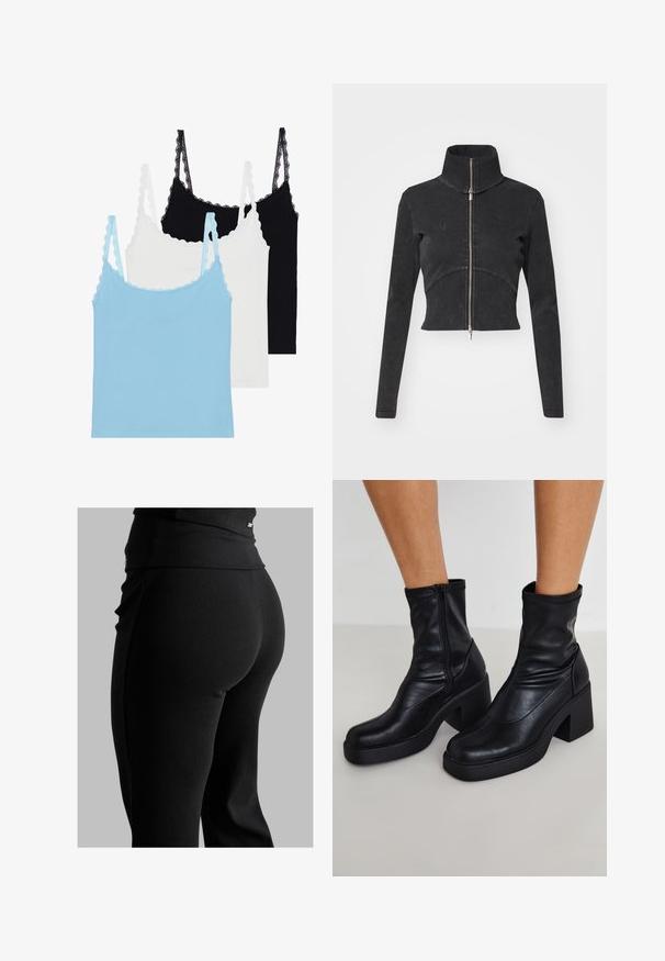 Zkrátená čierna denimová bunda s vysokým golierom, plným zipsom a dlhými rukávmi. Obsahuje zakrivený ševový dizajn a jemnú textúru.; Trojica tílkov s čipkovými ramienkami: jedno svetlomodré, jedno biele a jedno čierne. Vyrobené z mäkkého materiálu s priliehavým strihom.; Čierne rebrované legíny s vysokým pásom, priliehavým strihom a hladkou textúrou. Obsahujú jemný detail so zapínaním na páse.; Čierne kožené členkové čižmy s vysokým blokovým podpätkom, s bočným zipsom, hladkou textúrou a zúženým dizajnom špičky.