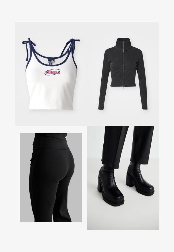 Lyhyeksi leikattu musta farkkutakki, jossa on korkea kaulus, täysipitkä vetoketju ja pitkät hihat. Siinä on kaareva saumakuviointi ja hienovarainen tekstuuri.; Valkoinen crop-top, jossa on tummansiniset hihnat, ja jossa on brodeerattu "ellesse"-logo vaaleanpunaisena. Sileä kangas, säädettävät soljit olkapäillä.; Mustat ribatut legginsit, joissa on korkea vyötärö, vartalonmyötäinen muoto ja sileä pinta. Mukana on huomaamaton varuste yksityiskohtana vyötäröllä.; Mustat nahka-alustaiset nilkkurit, joissa on korkea lohkokorko ja sileä pinta. Ominaisuuksiin kuuluvat ompeluyksityiskohdat ja tiukka päällisuunnittelu.