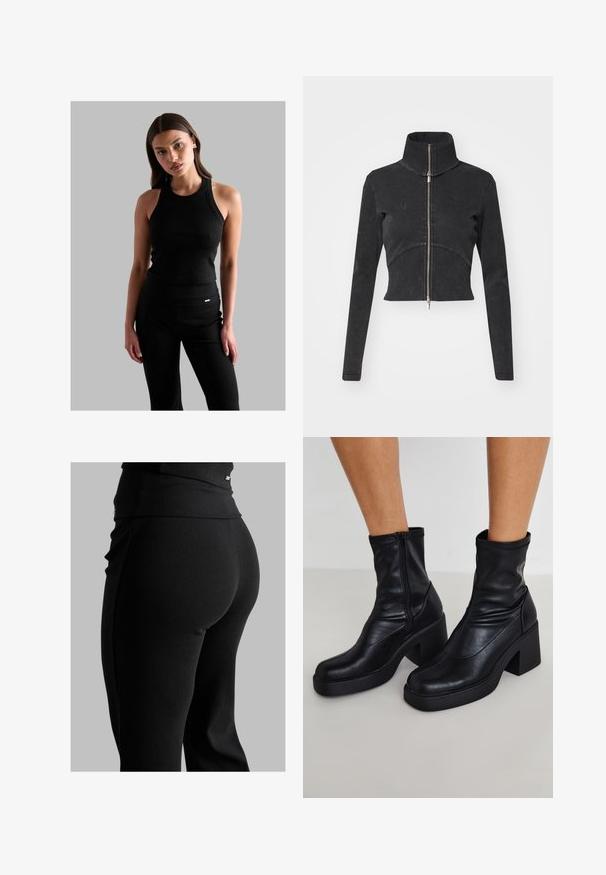 Geknipte zwarte denimjasje met hoge kraag, volledige rits en lange mouwen. Bevat een gebogen naadontwerp en subtiele textuur.; Zwarte geribbelde tanktop met een ronde hals, aansluitend ontwerp en dunne bandjes, gecombineerd met zwarte high-waisted broek met een klein logo-detail.; Zwarte geribde leggings met een hoge tailleband, een strak gevormde pasvorm en een gladde textuur. Bevat subtiele hardwaredetails op de tailleband.; Zwarte leren enkellaarsjes met een hoge blokhak, voorzien van een zijrits, een zachte textuur en een taps toelopende tekening.