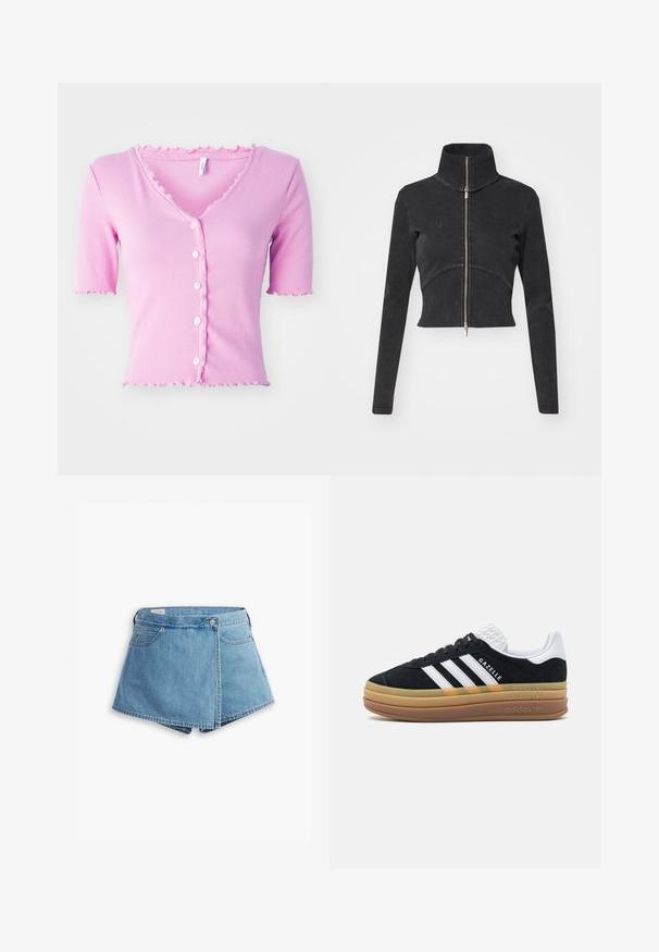 Rövidített fekete farmerdzseki magas gallérral, teljes cipzárral és hosszú ujjal. Ívelt varrásdizájn és finom textúra jellemzi.; Rózsaszín bordás, rövidujjú kardigán V-nyakkal, öt fehér gombbal és fodros szegéllyel a nyakpánton és az ujjakon.; Világoskék farmer rövidnadrág, csavart kialakítással, elülső zsebekkel és fémből készült gombos záródással. Sima textúra, varrott szélekkel.; Fekete velúr sportcipő fehér részletekkel és három csíkkal, texturált fehér sarokkal, gumitalppal és "Gazelle" felirattal.