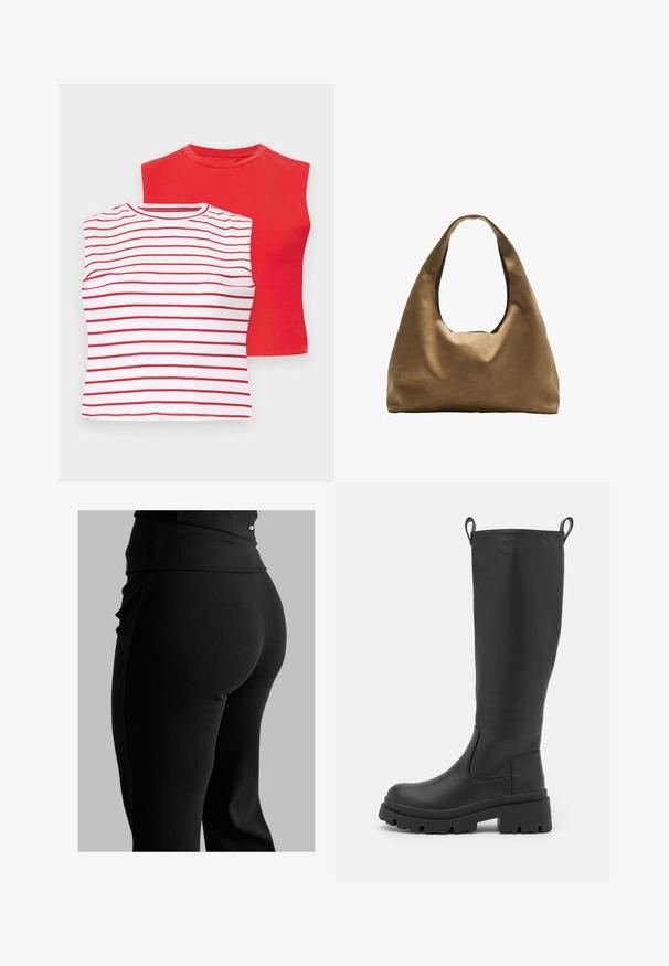 Lyhyeksi leikattu musta farkkutakki, jossa on korkea kaulus, täysipitkä vetoketju ja pitkät hihat. Siinä on kaareva saumakuviointi ja hienovarainen tekstuuri.; Kaksi lyhythihaista paitaa: yksi punainen yksivärinen ja yksi valkoinen, jossa on vaakasuoria punaisia raitoja. Molemmissa on pyöreä kaula-aukko ja pehmeä puuvillapinta.; Mustat ribatut legginsit, joissa on korkea vyötärö, vartalonmyötäinen muoto ja sileä pinta. Mukana on huomaamaton varuste yksityiskohtana vyötäröllä.; Musta polvipitkä saapas, joka on valmistettu sileästä nahasta, paksupohjaisella ja kevyellä korokkeella. Varustettu vetonauhoilla ja joustavilla sivupaneeleilla helppoa pukeutumista varten.; Ruskea kangaskassi, jossa on leveä, pyöristetty muoto ja suuri leikattu kahva. Pehmeä pinta, minimalistinen muotoilu ja ei näkyvää metalliosaa.