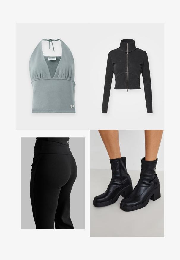 Rövidített fekete farmerdzseki magas gallérral, teljes cipzárral és hosszú ujjal. Ívelt varrásdizájn és finom textúra jellemzi.; Halter nyakú crop top tompa szürkében, puha anyagból készült, ráncolt mellezésű, hálós részletekkel és kis logóval a szegélyen.; Fekete bordás leggings, magas derékkal, testhez simuló formával és sima textúrával. Diszkrét hardware részlet a derékrészen.; Fekete bőr bokacsizma magas blokk sarkakkal, oldalsó cipzárral, sima textúrával és hegyes orrformával.
