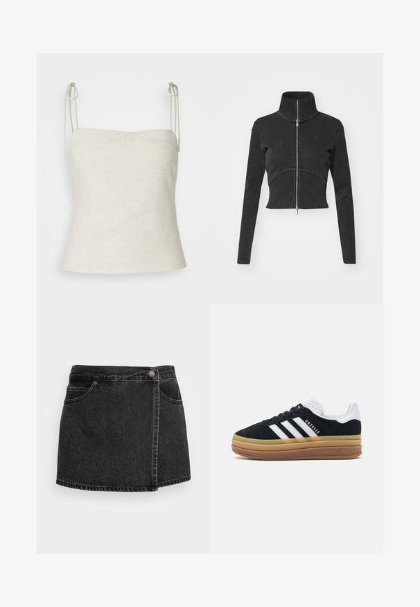 Skrajšana črna denim jakna z visokim ovratnikom, polnim zadrgo in dolgimi rokavi. Ima oblikovan šiv in subtilno teksturo.; Bela lanena majica z nastavljivimi trakovi na ramenih, ravnim izrezom in prilegnjenim silhueto, ki se proti robu zoži.; Črna denim mini krila z rahlo strganim robom, dvema sprednjima žepoma in srebrnim gumbom za zapiranje. Ima oblikovanje s stranskim ovijanjem.; Črne semiš superge z belimi detajli in tremi črtami, ki imajo strukturo bele pete, gumijast podplat in blagovno znamko "Gazelle".