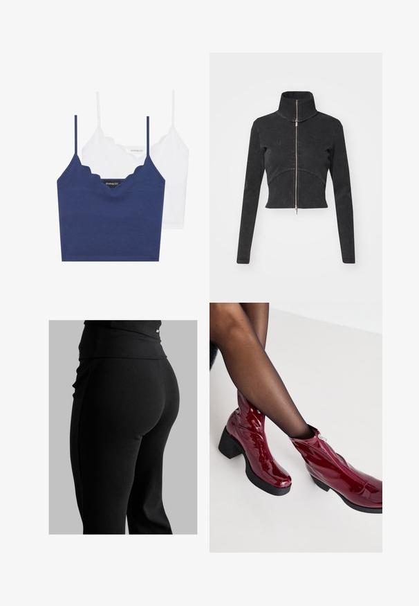 Zkrácená černá džínová bunda s vysokým límcem, plným zipem a dlouhými rukávy. Má zakřivený šev a jemnou strukturu.; Sada bavlněného braletku v námořnické modré a bílé barvě se zvlněným výstřihem, tenkými nastavitelnými ramínky a přiléhavým střihem. Hlavní značka je na vnitřní straně námořnického kousku.; Černé žebrované leginy s vysokým pasem, přiléhavým střihem a hladkou texturou. Obsahují jemný kovový detail v pase.; Červené lakované kotníčkové boty s robustním černým podpatkem a detaily na zip. Hladký povrch, elegantní design s kulatou špičkou.