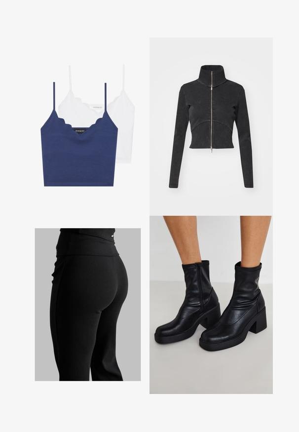 Przycięta czarna kurtka dżinsowa z wysokim kołnierzem, pełnym zamkiem i długimi rękawami. Posiada krzywą linię szwu i subtelną fakturę.; Niebieski i biały bawełniany zestaw biustonosza z falbaniastym dekoltem, cienkimi regulowanymi ramiączkami oraz dopasowanym krojem. Metka z logo po wewnętrznej stronie niebieskiej części.; Czarne prążkowane legginsy z wysokim stanem, dopasowanym krojem i gładką teksturą. Zawierają subtelną metalową ozdobę na pasku.; Czarne skórzane botki za kostkę na wysokim kwadratowym obcasie, z bocznym zamkiem błyskawicznym, gładką fakturą i zwężającym się czubkiem.