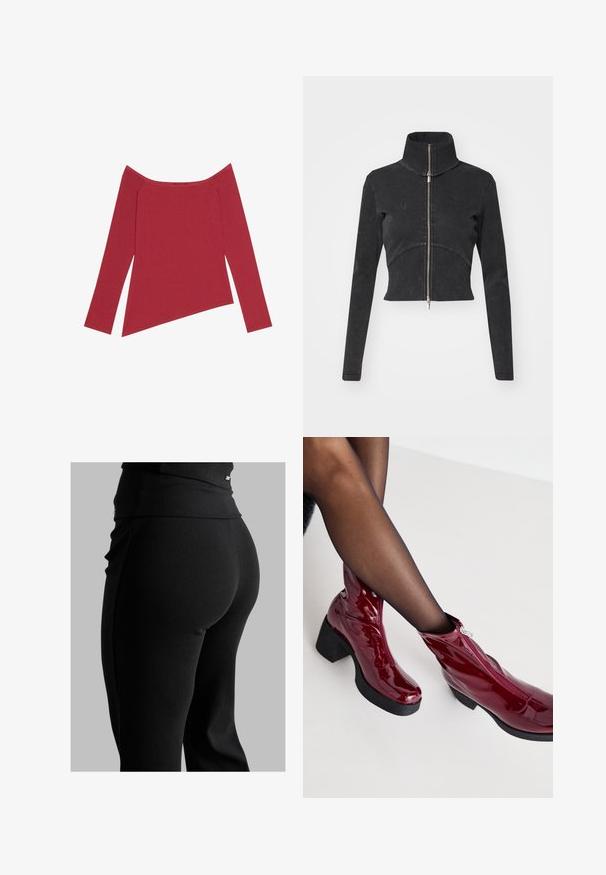 Kappet svart denimjakke med høy krage, hel glidelås og lange ermer. Har buet sømdesign og subtil tekstur.; Rød av skulderen topp med lange ermer, ribbet tekstur og asymmetrisk kant, med en glatt finish og subtile sømmer.; Svarte ribbede leggings med høy midje, tilpasset fasong og glatt tekstur. Inkluderer diskret hardware-detalj på midjebåndet.; Røde lakkankelstøvler med en kraftig svart hel og glidelåsdetalj. Glatt tekstur, strømlinjeformet design med rund tå.
