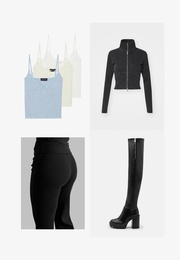 Avskuren svart denimjacka med hög krage, hel dragkedja och långa ärmar. Har en design med böjda sömmar och subtil textur.; Tre linnen: ljusblå, krämfärgad och vit. Gjorda av mjukt tyg med spetskant längs halsringningen och tunna justerbara axelband.; Svarta ribbade leggings med hög midja, figurnära passform och slät textur. Innehåller subtila detaljer i metall på midjan.; Even&Odd Högklackad stövel - black