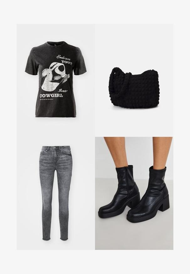Izgriezta melna džinsu jaka ar augstu apkakli, pilnu rāvējslēdzēju un garām piedurknēm. Iezīmējas ar izliekto šuvju dizainu un smalku tekstūru.; Melnas kokvilnas T-krekls ar īsām piedurknēm, kurā redzams grafisks attēls ar kovboju cepuri un baltiem uzrakstiem. Neapstrādāts apkakles malas dizains un nolietota tekstūra.; Tievās džinsos ar izbalējušu pelēku krāsu, kuriem ir augsta jostasvieta, pogu aizdare un nolietota apakšmala. Izgatavoti no džinsa auduma ar smalkām tekstūras variācijām.; Melni ādas potītes zābaki ar augstu blokveida papēdi, ar sānu rāvējslēdzēju, gludu tekstūru un sašaurinātu purngalu.; Melnas auduma soma ar strukturētu, quiltotu rakstu. Apaļa forma, īsas, resnas rokturi un mīksta, elastīga konstrukcija.; Septi sudraba gredzeni ar dažādām dizaina iezīmēm, ieskaitot savītas, savienotas un iegravētas formas. Atšķirīgas formas un platumi.
