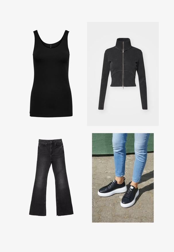 Avskuren svart denimjacka med hög krage, hel dragkedja och långa ärmar. Har en design med böjda sömmar och subtil textur.; Svart linne i mjukt, elastiskt tyg; har en rundad halsringning och en figurnära silhuett utan ytterligare mönster eller dekorationer.; Svängda svarta denimjeans med rå kant, med femfickdesign och knappstängning. Tillverkade av ett robust, strukturerat tyg.; Svarta lädersneakers med vita gummisulor, med en slät yta, rund tå och platta snören. Bärs med ljusblå jeans.