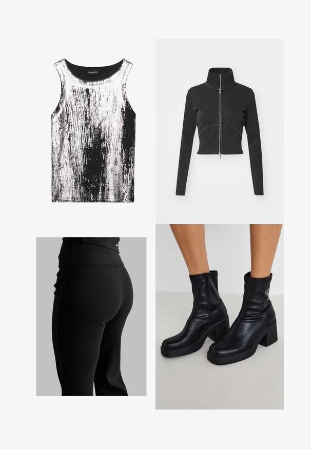 Przycięta czarna kurtka dżinsowa z wysokim kołnierzem, pełnym zamkiem i długimi rękawami. Posiada krzywą linię szwu i subtelną fakturę.; Czarny i biały top na ramiączkach wykonany z elastycznej tkaniny, z paskowanym wzorem z błyszczącymi akcentami, okrągłym dekoltem i bezrękawowym krojem.; Czarne prążkowane legginsy z wysokim stanem, dopasowanym krojem i gładką teksturą. Zawierają subtelną metalową ozdobę na pasku.; Czarne skórzane botki za kostkę na wysokim kwadratowym obcasie, z bocznym zamkiem błyskawicznym, gładką fakturą i zwężającym się czubkiem.