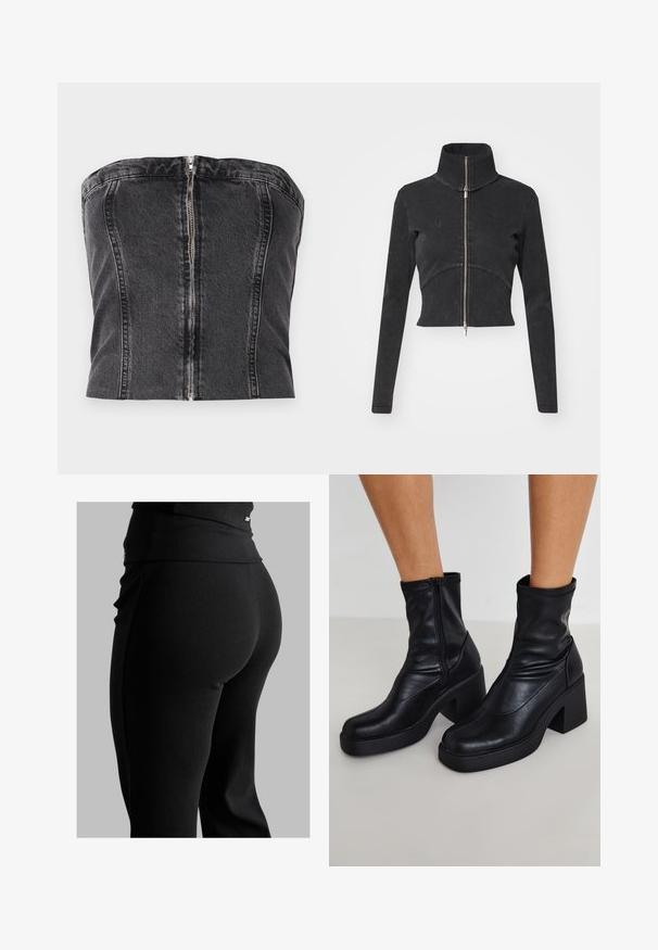 Lühendatud must denimpusa kõrge kraega, täispikkuse tõmblukuga ja pikkade varrukatega. Omab kõverat õmbluse disaini ja peent tekstuuri.; Mustast denimist rihmatu top, millel on sobituv disain, vertikaalsed õmblused ja keskel olev tõmblukk seljal. Sile tekstuur.; Mustad ribatöötlusega retuusid, millel on kõrge vöökoht, keha lähedane lõige ja sile tekstuur. Vöökoht sisaldab peent riistvara detaili.; Mustad mustad nahast jalatsis dõst üheste plokkniski, külje lukuga, sileda tekstuuri ja kitseneva varbaga disainiga.