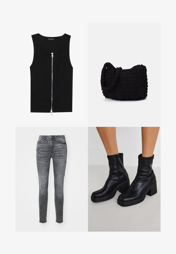 Cropped black denim jacket with a high collar, full zipper, and long sleeves. Features a curved seam design and subtle texture.; Black sleeveless top made of ribbed fabric, featuring a front zipper closure, round neckline, and straight hem. Plain design without patterns.; Skinny jeans in a faded gray wash, featuring a high waist, button closure, and distressed hem. Made from denim with subtle texture variations.; Black leather ankle boots with a high block heel, featuring a side zipper, smooth texture, and a tapered toe design.; Black fabric bag with a textured, quilted pattern. Rounded shape, short, thick handles, and a soft, flexible structure.; Set of seven silver rings featuring various designs, including twisted, linked, and engraved patterns. Different shapes and widths.
