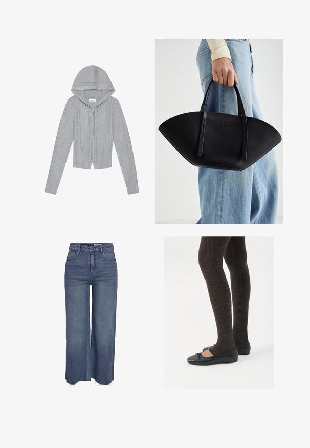 Gai pelēks kapuce džemperis ar rāvējslēdzēju, ar kabelveida adījuma rakstiem, ribotu apakšmalu un piedurknēm, kā arī gludu tekstūru. Ideāli piemērots slāņošanai.; Melna īsām piedurknēm T-kreklā ar apaļu kakla izgriezumu, izgatavota no gludas kokvilnas auduma, ar vienkāršu dizainu un bez redzamām rakstām vai akcentiem.; Zilas plaša kāju džinsus ar augstu jostu, priekšējo pogu, rāvējslēdzēju, pieciem kabatām un saplēstiem maliņām.; Melnas plakano formas kurpes ar mazu loku uz pirksta, apvienotas ar tumši brūnām ribotām zeķubiksēm. Kurpēm ir gluda tekstūra un zems profils.; Melnas ādas rokassoma ar unikālu ventilatora formu, aprīkota ar plakaniem rokturiem. Virsma ir ar graudainu faktūru un minimālistisku dizainu.