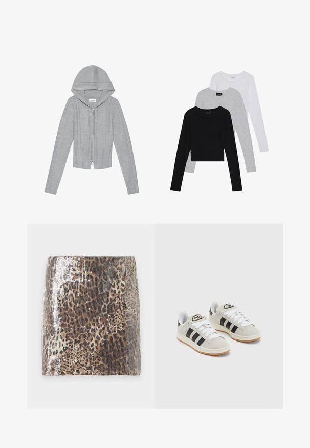 Moleton cinza claro com fecho éclair e capuz, apresentando padrões de malha em cabo, com bainha e punhos canelados, e uma textura suave. Perfeito para sobreposições.; Três camisetas de manga longa empilhadas: preta, cinza e branca. Cada uma tem um decote redondo e um design cropped, feitas de um tecido leve e suave.; Saia mini com padrão de leopardo feita de tecido texturizado, apresentando lantejoulas prateadas que realçam o padrão animal, com uma silhueta ajustada.; Tênis de camurça cinza com atacadores brancos, riscas pretas e uma sola de borracha branca. Apresenta um logótipo circular na língua e uma sola de borracha.
