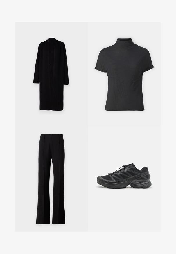 Cardigan nero a coste con maniche lunghe e apertura frontale. Texture morbida e design minimalista, che si estende oltre le ginocchia. Senza chiusure.; Top nero a maniche corte e colletto alto, realizzato in tessuto leggero con una superficie liscia e dalla forma aderente, caratterizzato da un collo alto.; Pantaloni neri svasati realizzati in tessuto morbido, con pieghe frontali, vita alta e un design sartoriale per una silhouette elegante.; Scarpa da corsa nera con tomaia in mesh e sintetico, suola flessibile e lacci elastici. Presenta una soletta imbottita per il comfort.