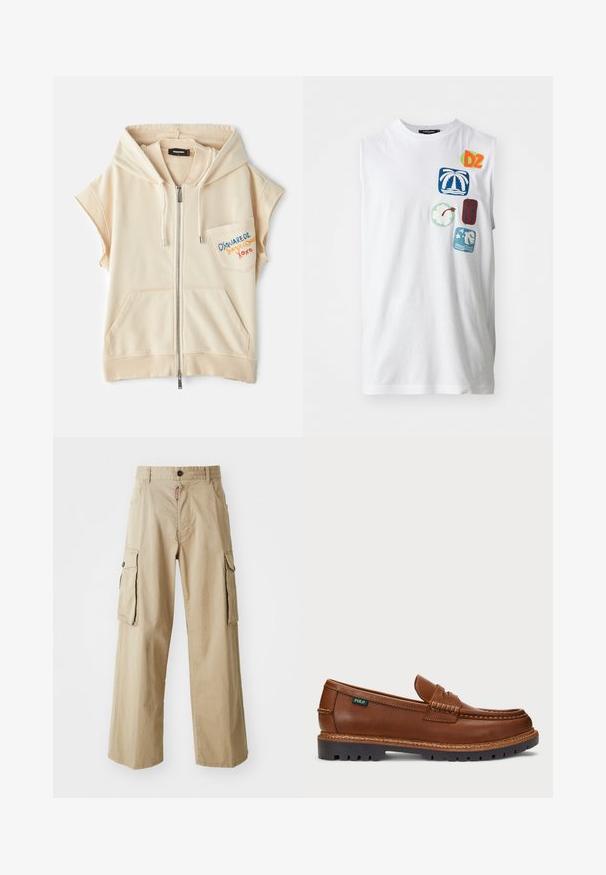 Beige színű, rövid ujjú cipzáras kapucnis pulóver, kenguru zsebekkel és hímzett logóval a mellrészen. Puha anyag, sima textúrával.; Fehér ujjatlan pamut póló, színes grafikai foltokkal, amelyek pálmafákat, virágokat és absztrakt mintákat tartalmaznak kék, zöld és piros színekben.; Beige színű, pamutból készült cargo nadrág, széles lábbal, két nagy oldalsó zsebbel és gombos deréklezárással.; Barna bőr mokaszin díszes varrással és texturált orral. Az talpa strapabíró kialakítással rendelkezik, amely tapadást és tartósságot biztosít.
