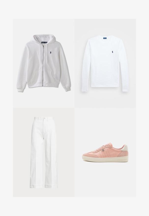 Bijela dukserica sa patentnim zatvaračem od mješavine pamuka, s kengur džepom, rebrastim manžetama i rubom, te malim mornarskim logotipom na lijevoj strani prsnog koša.; Bijela košulja dugih rukava, pamuk, okrugli izrez, s malim mornarskim logotipom na lijevoj strani prsiju. Jednostavan dizajn, regularna kroja.; Bijele široke hlače s visokim strukom, s kopčanjem na dugme i suptilnim detaljima šivanja. Izrađene su od pamuka s glatkom teksturom.; Roze suede tenisice s glatkom površinom, perforiranim detaljima, kremastom potplatom i malim logotipom. Tradicionalni dizajn s vezicama.