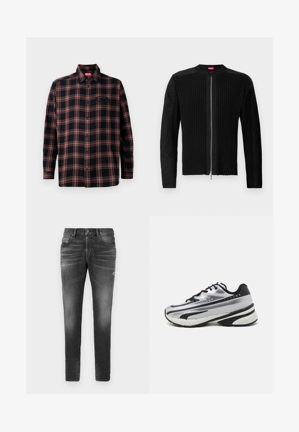 Crna jakna s patentnim zatvaračem sprijeda koja ima vertikalnu rebrastu teksturu i okrugli izrez. Mekani materijal s dugim rukavima i prilagođenim krojem.; Crna i crvena karirana košulja s gumbima sprijeda, dugim rukavima i oznakom na ovratniku. Sadrži kontrastne šavove i zakrpu na prsima.; Sivi traperice s uskim krojem, s blagim habanjem, oštećenim detaljima i klasičnim kopčanjem na gumbi.; Tenisice za trčanje s gornjim dijelom od srebrne mrežice, crnim akcentima i bijelim potplatom. Imaju teksturirani dizajn i crne vezice. Lako suće i udobno podstavljene.