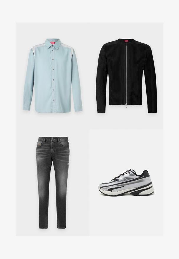 Svart zip-front jakke med vertikal ribbet tekstur og rund halslinning. Myk stoff med lange ermer og en tettsittende silhuett.; Lys blå skjorte med knapper og standard krage, med en rød logo-lapp, metalliske knapper og en glatt tekstur.; Grå denimjeans med slim fit, med lette slitte detaljer, distressed detaljer og tradisjonell knappeåpning.; Løpesko med sølvfarget mesh-overdel, svarte detaljer og hvit såle. Har strukturert design og svarte snørebånd. Lettvektig og godt dempet.