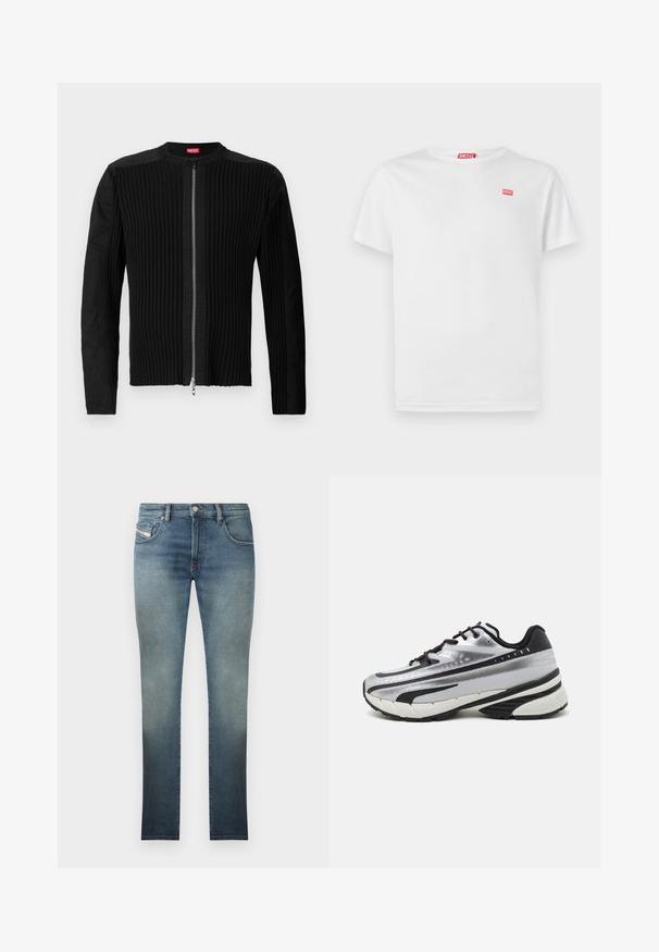Crna jakna s patentnim zatvaračem sprijeda koja ima vertikalnu rebrastu teksturu i okrugli izrez. Mekani materijal s dugim rukavima i prilagođenim krojem.; Bijela pamučna majica s kratkim rukavima i V-izrezom. Ima mali crveni Diesel logo na lijevoj strani prsnog koša. Glatka tekstura, standardni kroj.; Uske slim-fit traperice u izblijedjeloj plavoj nijansi, s pet džepova, metalnim zatvaranjem i kontrastnim šavovima. Blago istrošena tekstura.; Tenisice za trčanje s gornjim dijelom od srebrne mrežice, crnim akcentima i bijelim potplatom. Imaju teksturirani dizajn i crne vezice. Lako suće i udobno podstavljene.