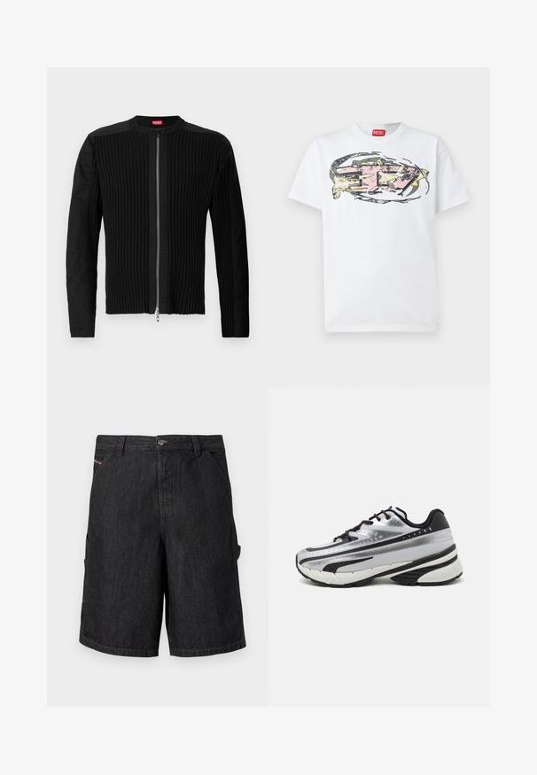 Juodas zip-front švarkas su vertikaliai ryškiu tekstūru ir apvalia apykakle. Minkšta medžiaga, ilgos rankovės ir prigludusi siluetas.; Balta medvilninė marškinėlių su išskirtiniu, abstrakčiu grafiniu dizainu, kuriame dominuoja rožinė, geltona ir pilka spalvos, centre priekyje. Raudonas etiketė ant apykaklės.; Juodos džinsinės šortai su klasikiniu kirpimu, turintys priekinį mygtukų užsegimą, šonines kišenes ir subtilius siuvinėjimo akcentus.; Bėgimo bateliai su sidabriniu tinkliniu viršumi, juodais akcentais ir balta padu. Pasižymi tekstūruotu dizainu ir juodais raišteliais. Lengvi ir paminkštinti.