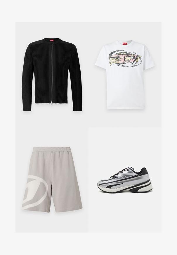 Črna jakna na zadrgo s vertikalno rebrasto teksturo in okroglim izrezom. Mehka tkanina z dolgimi rokavi in prilagojeno silhueto.; Bela bombažna majica s pisanimi, abstraktnimi grafičnimi poudarki v roza, rumeni in sivi barvi, ki je osredotočena na sprednjem delu. Rdeča etiketa na ovratniku.; Svetlo sive priložnostne kratke hlače z elastičnim pasom in velikim belim abstraktnim dizajnom na levi nogi, prikazane na belem ozadju.; Tekmovalni čevlji za tek z zgornjim delom iz srebrne mreže, črnimi detajli in belim podplatom. Imajo teksturiran dizajn in črne vezalke. Lahki in oblazinjeni.