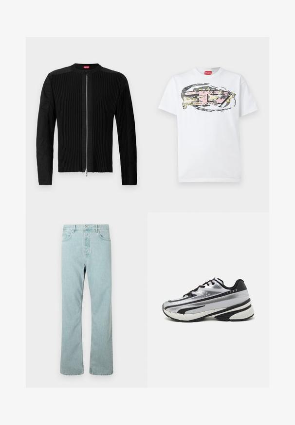 Giacca nera con zip frontale caratterizzata da una texture a costine verticali e un collo rotondo. Tessuto morbido con maniche lunghe e una silhouette aderente.; T-shirt bianca in cotone con un design grafico astratto colorato in rosa, giallo e grigio, posizionato al centro sulla parte frontale. Etichetta rossa sul colletto.; Jeans in denim azzurro chiaro con taglio dritto, cinque tasche e chiusura con un singolo bottone. Rifiniti con dettagli di cucitura sottili.; Scarpa da corsa con tomaia in rete argento, dettagli neri e suola bianca. Presenta un design testurizzato e lacci neri. Leggera e ammortizzata.