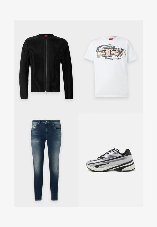 Giacca nera con zip frontale caratterizzata da una texture a costine verticali e un collo rotondo. Tessuto morbido con maniche lunghe e una silhouette aderente.; T-shirt bianca in cotone con un design grafico astratto colorato in rosa, giallo e grigio, posizionato al centro sulla parte frontale. Etichetta rossa sul colletto.; Jeans in denim blu scuro con vestibilità slim, presentano un lavaggio sbiadito, leggero invecchiamento e design classico a cinque tasche.; Scarpa da corsa con tomaia in rete argento, dettagli neri e suola bianca. Presenta un design testurizzato e lacci neri. Leggera e ammortizzata.