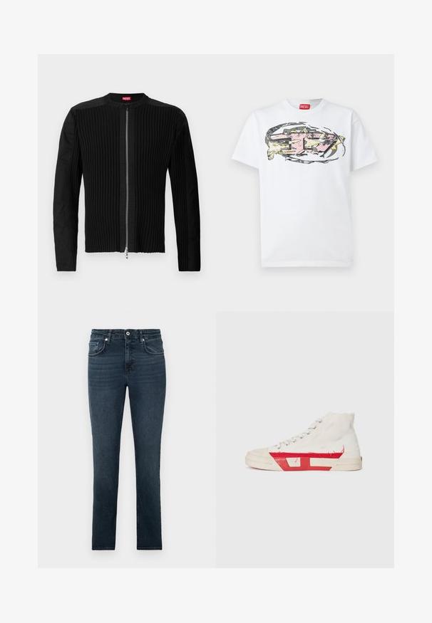 Casaco preto com fecho à frente, apresentando textura ribbed vertical e decote redondo. Tecido suave com mangas longas e silhueta ajustada.; T-shirt de algodão branco com um design gráfico abstrato colorido em rosa, amarelo e cinza centrado na frente. Etiqueta vermelha na gola.; Jeans slim-fit azul escuro com bolsos frontais, botão e passadores para cinto, exibidos contra um fundo claro e liso.; Sapatilhas altas com um superior em tela branca, acentos em borracha vermelha e detalhes de bainha desfiada, com ilhós prateados e uma sola texturizada.