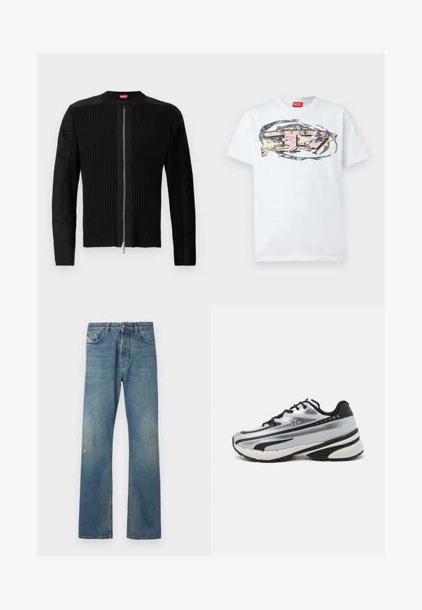 Chaqueta negra con cremallera frontal, que presenta una textura de canalé vertical y un escote redondo. Tejido suave con mangas largas y una silueta ajustada.; Camiseta de algodón blanca con un diseño gráfico abstracto colorido en rosa, amarillo y gris centrado en el frente. Etiqueta roja en el cuello.; Jeans de mezclilla azul con un diseño de pierna recta, que presentan un ligero desvanecimiento, bolsillos frontales y un cierre de botón en la cintura.; Zapatilla de running con parte superior de malla plateada, acentos negros y suela blanca. Presenta un diseño texturizado y cordones negros. Ligera y acolchada.