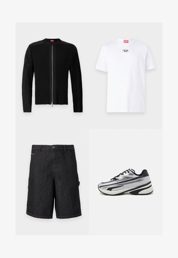 Melnā jaka ar rāvējslēdzēju priekšpusē, kas izceļ vertikālo ribotu tekstūru un apaļu kakla izgriezumu. Mīksts audums, ar garām piedurknēm un pieguļošu siluetu.; Balta kokvilnas T-krekls ar īsām piedurknēm, arapaļo kakla izgriezumu un sudraba Diesel logotipa uzšuvumu krūtinē. Vienkāršs dizains, vienkrāsains.; Melni džinsu šorti ar klasisku griezumu, ar priekšējo pogu aizdari, sānu kabatām un smalkiem izšuvuma detalizējumiem.; Skriešanas apavi ar sudraba acs augšdaļu, melniem akcentiem un baltu zolīti. Iezīmējas ar teksturētu dizainu un melnām auklām. Vieglie un mīkstie.