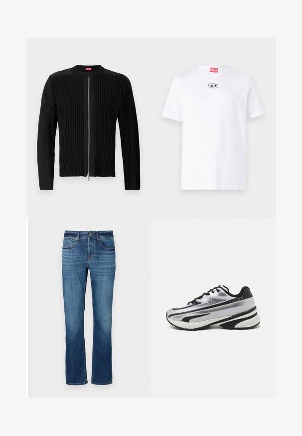 Black zip-front jacket featuring vertical ribbed texture and a round neckline. Soft fabric with long sleeves and a fitted silhouette.; White cotton t-shirt with short sleeves, featuring a round neckline and a silver Diesel logo patch on the chest. Simple design, solid color.; Blue denim jeans with a straight leg design, featuring five pockets, light fading, and copper stitching. Finished with a standard waistband.; Running shoe with a silver mesh upper, black accents, and white sole. Features textured design and black laces. Lightweight and cushioned.