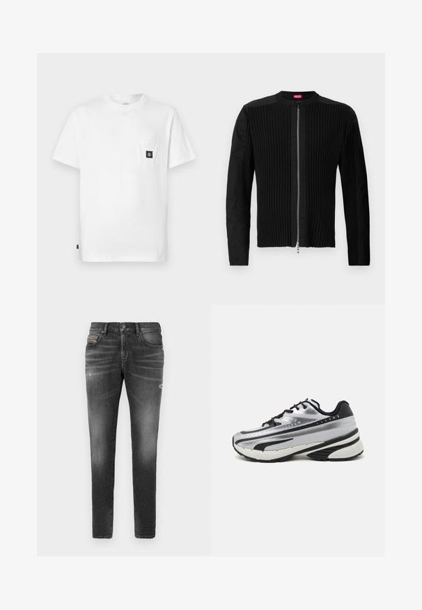 Sort jakke med lynlås foran, der har lodrette ribbede teksturer og en rund halsudskæring. Blødt stof med lange ærmer og en tætsiddende silhuet.; Hvid bomulds T-shirt med rund halsudskæring, korte ærmer og en brystlomme med en sort logopatch. Glat tekstur, løs pasform.; Grå denimjeans med slim fit, der har let slidte kanter, distressed detaljer og traditionel knaplukning.; Løbesko med en sølvfarvet mesh-overdel, sorte accenter og hvid sål. Har tekstureret design og sorte snørebånd. Let og polstret.