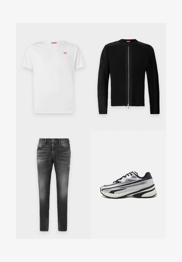 Černá bunda na zip vpředu s vertikálním žebrováním a kulatým výstřihem. Měkká látka s dlouhými rukávy a přiléhavým střihem.; Bílý bavlněný tričko s krátkými rukávy a V-výstřihem. Na levé hrudi je malé červené logo Diesel. Hladká textura, standardní střih.; Šedé denimové džíny s úzkým střihem, představující mírné rozedření, opotřebované detaily a tradiční zapínání na knoflík.; Běžecká obuv s vrchní částí z stříbrné síťoviny, černými akcenty a bílou podrážkou. Disponuje texturovaným vzorem a černými tkaničkami. Lehká a odpružená.