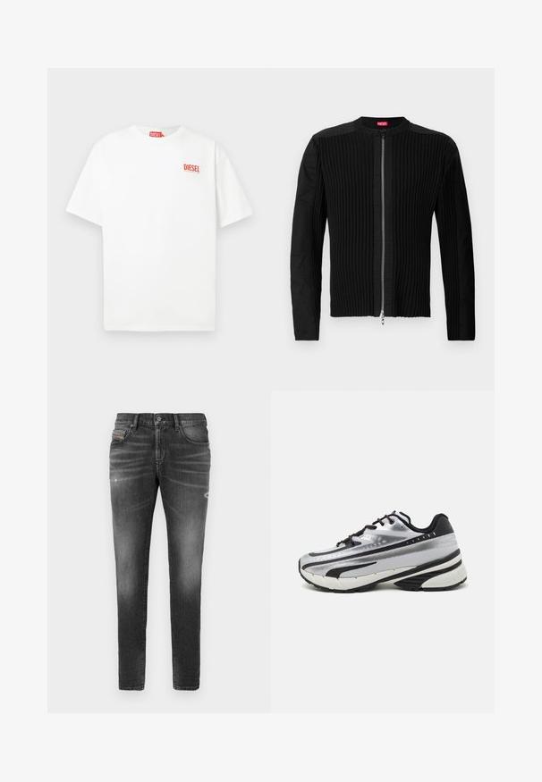 Crna jakna s patentnim zatvaračem sprijeda koja ima vertikalnu rebrastu teksturu i okrugli izrez. Mekani materijal s dugim rukavima i prilagođenim krojem.; Bijela pamučna majica kratkih rukava s crvenim logotipom "DIESEL" na lijevoj strani prsnog koša, s opuštenim krojem i jednostavnim dizajnom.; Sivi traperice s uskim krojem, s blagim habanjem, oštećenim detaljima i klasičnim kopčanjem na gumbi.; Tenisice za trčanje s gornjim dijelom od srebrne mrežice, crnim akcentima i bijelim potplatom. Imaju teksturirani dizajn i crne vezice. Lako suće i udobno podstavljene.
