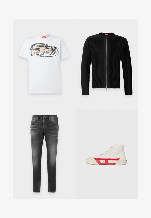 Chaqueta negra con cremallera frontal, que presenta una textura de canalé vertical y un escote redondo. Tejido suave con mangas largas y una silueta ajustada.; Camiseta de algodón blanca con un diseño gráfico abstracto colorido en rosa, amarillo y gris centrado en el frente. Etiqueta roja en el cuello.; Jeans de mezclilla gris con corte slim, que presentan un ligero desgastado, detalles rasgados y un cierre de botón tradicional.; Zapatillas altas con un upper de lona blanca, detalles de goma roja y un dobladillo deshilachado, con ojales plateados y una suela texturizada.