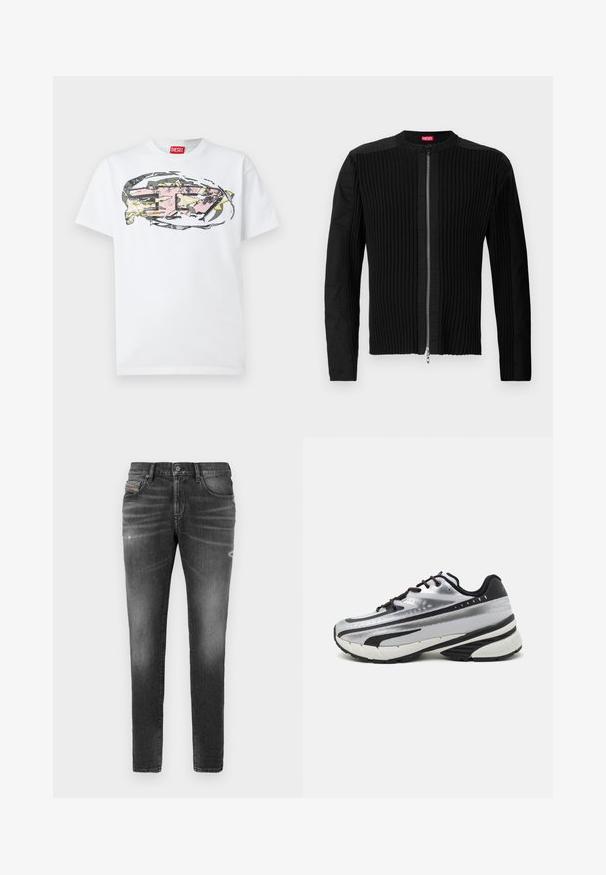 Černá bunda na zip vpředu s vertikálním žebrováním a kulatým výstřihem. Měkká látka s dlouhými rukávy a přiléhavým střihem.; Bílý bavlněný tričko s barevným, abstraktním grafickým designem v růžové, žluté a šedé barvě uprostřed na přední straně. Červená etiketa na límci.; Šedé denimové džíny s úzkým střihem, představující mírné rozedření, opotřebované detaily a tradiční zapínání na knoflík.; Běžecká obuv s vrchní částí z stříbrné síťoviny, černými akcenty a bílou podrážkou. Disponuje texturovaným vzorem a černými tkaničkami. Lehká a odpružená.