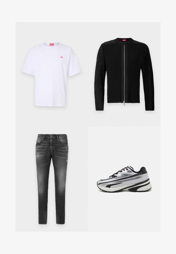 Fekete cipzáros dzseki, függőleges bordázott textúrával és kerek nyakkivágással. Puha anyag, hosszú ujjakkal és testhez álló fazonnal.; Fehér pamut póló rövid ujjakkal, kerek nyakkivágással és egy kisebb piros téglalap alakú Diesel logóval a bal mellen.; Szürke farmernadrág, slim fit szabású, enyhe kopásokkal, megviselt részletekkel és hagyományos gombos záródással.; Futócipő ezüst hálós felsőrésszel, fekete részletekkel és fehér talppal. Texturált mintázattal és fekete fűzővel rendelkezik. Könnyű és párnázott.