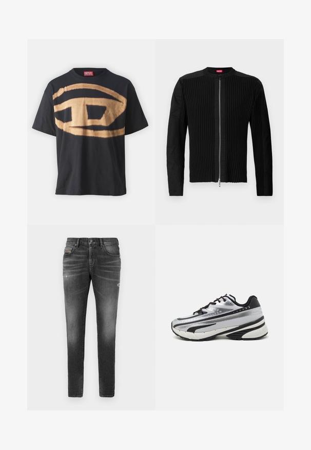 Melnā jaka ar rāvējslēdzēju priekšpusē, kas izceļ vertikālo ribotu tekstūru un apaļu kakla izgriezumu. Mīksts audums, ar garām piedurknēm un pieguļošu siluetu.; Melna kokvilnas T-kreklu ar lielu pelēku logotipu uz priekšpuses. Relaxed fit ar apaļu kaklu un īsām piedurknēm.; Pelēki džinsi ar šauru piegriezumu, ar nelielu nodilumu, izsistām detaļām un tradicionālu pogu aizdari.; Skriešanas apavi ar sudraba acs augšdaļu, melniem akcentiem un baltu zolīti. Iezīmējas ar teksturētu dizainu un melnām auklām. Vieglie un mīkstie.