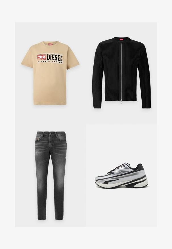 Juodas zip-front švarkas su vertikaliai ryškiu tekstūru ir apvalia apykakle. Minkšta medžiaga, ilgos rankovės ir prigludusi siluetas.; Beige medvilnės marškinėliai su nusidėvėjusiu grafiniu spausdinimu, kuriame užrašai "DIESEL" ir "DENIM DIVISION" juoda ir raudona spalvomis. Klasikiniai trumpi rankoviai ir apvalus kaklas.; Pilki džinsai su siauru kirpimu, turintys šiek tiek išblukimo, nusidėvėjimo detalių ir tradicinį mygtuką. ; Bėgimo bateliai su sidabriniu tinkliniu viršumi, juodais akcentais ir balta padu. Pasižymi tekstūruotu dizainu ir juodais raišteliais. Lengvi ir paminkštinti.